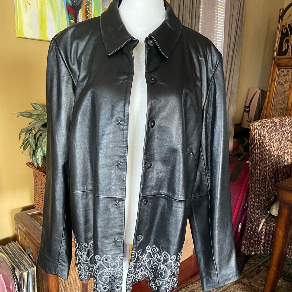 Denim &Co black Leather Jacket Sz L